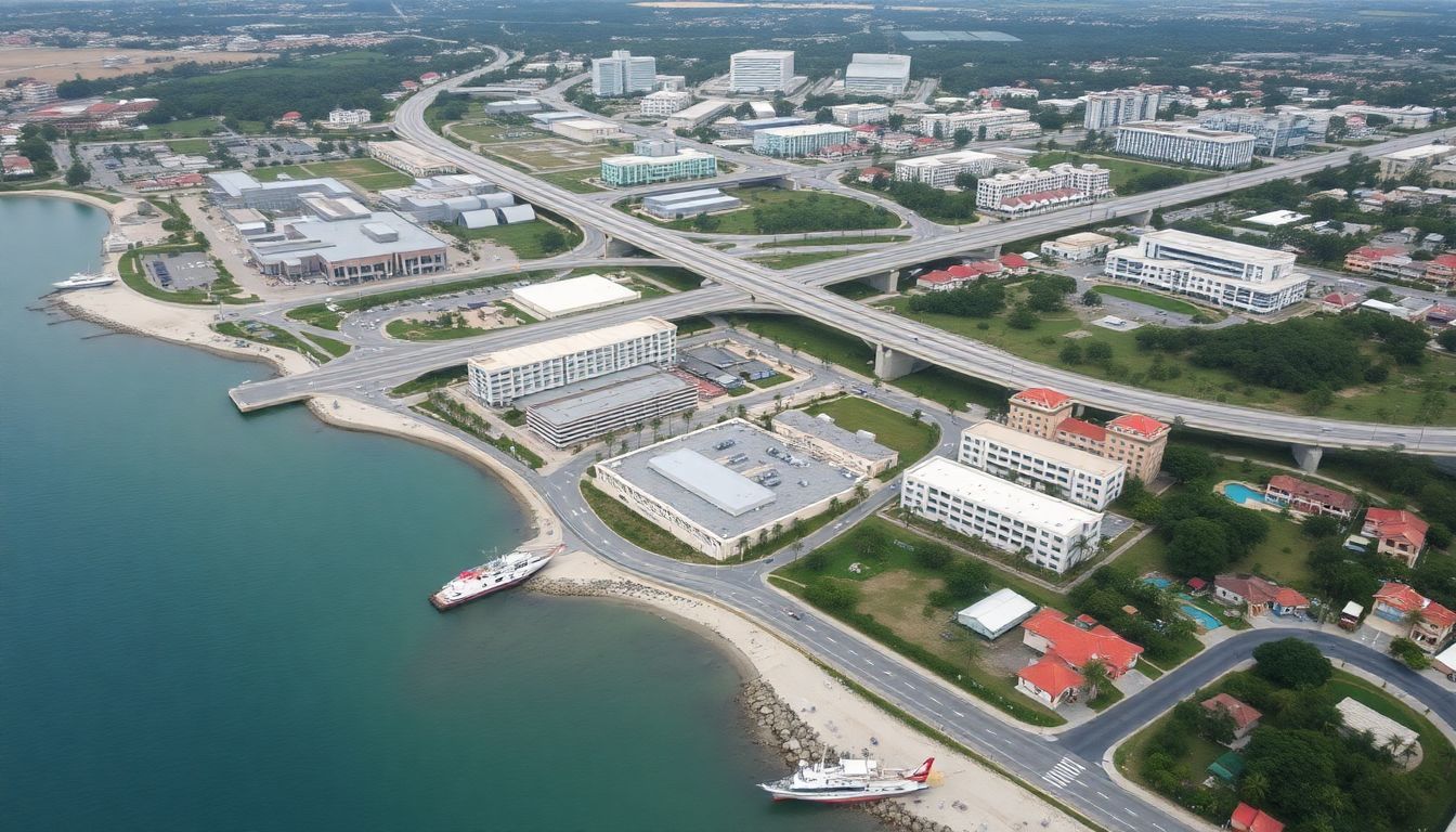 Aerial view of La Romana showing modern infrastructure and coastal properties.