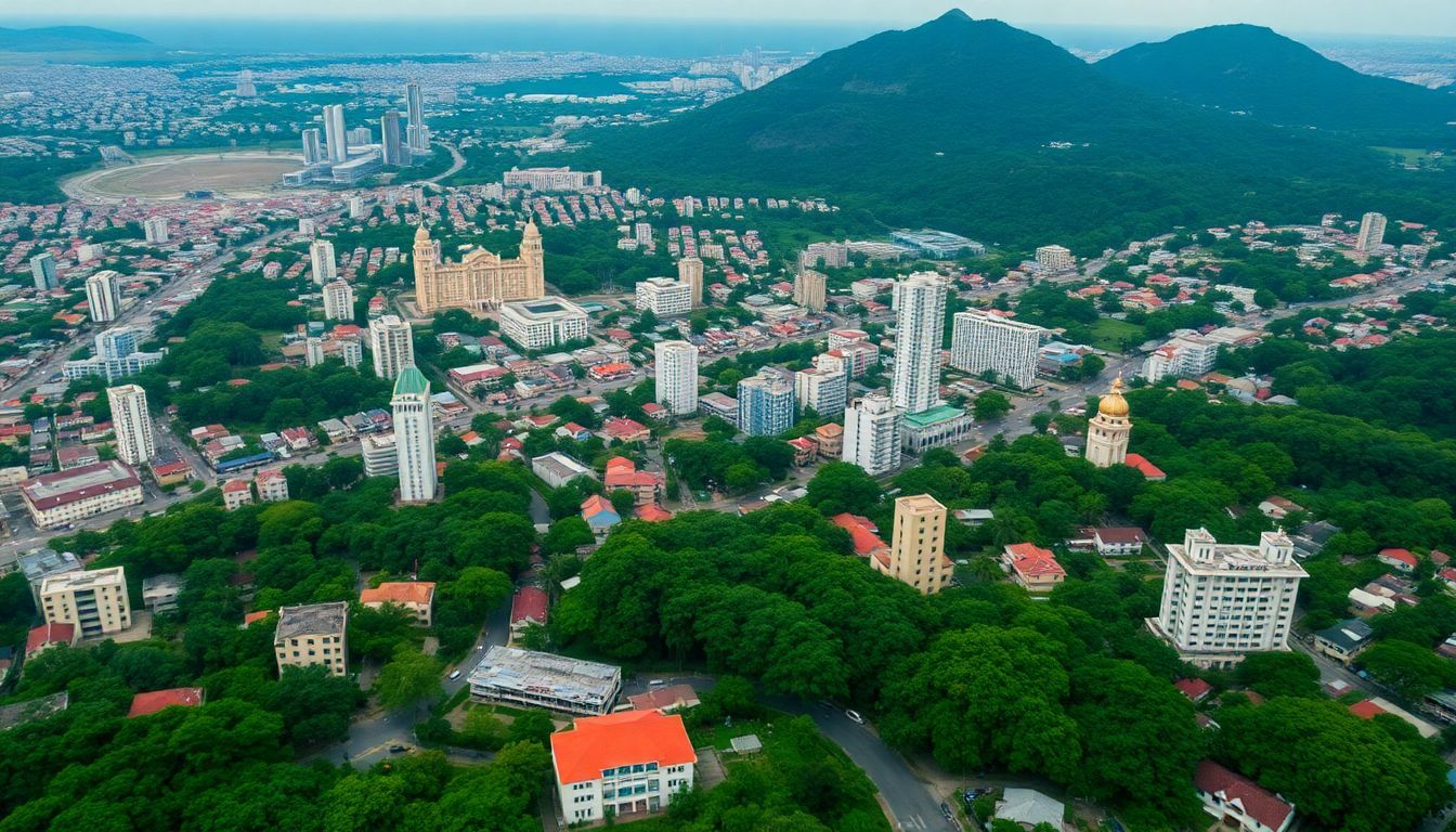 Aerial view of a lively city in the Dominican Republic with landmarks.