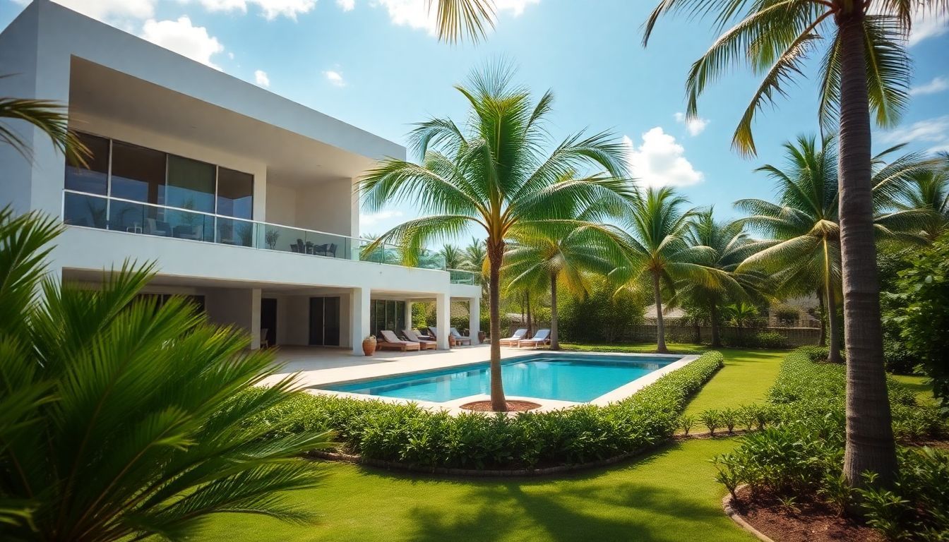 A modern villa in Punta Cana with a private pool and tropical gardens. A modern villa in Punta Cana with a private pool and tropical gardens.