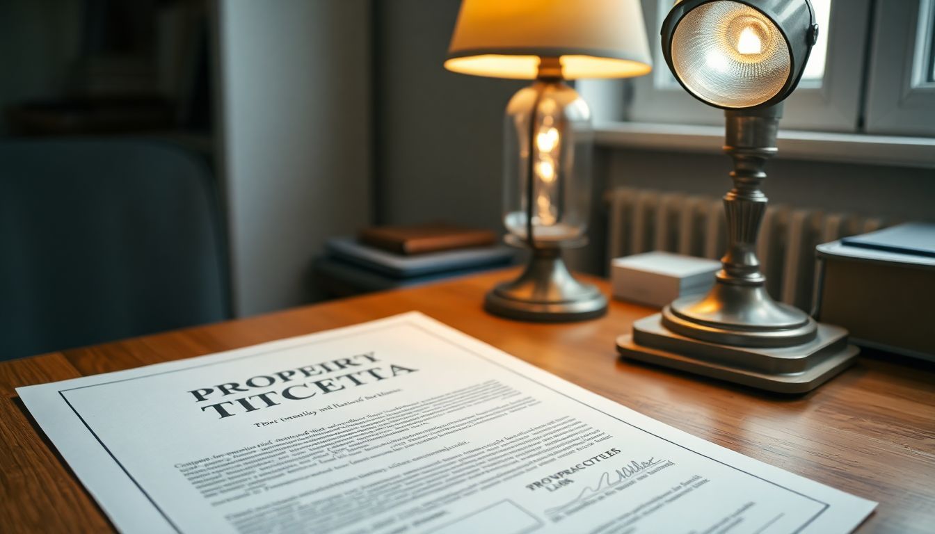 A property title document on a wooden desk with a vintage lamp.